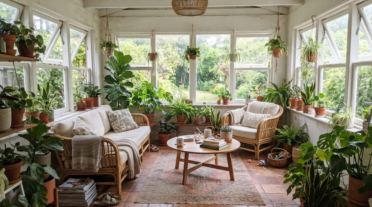 Bright sunroom with painted walls, windows, and potted plants.