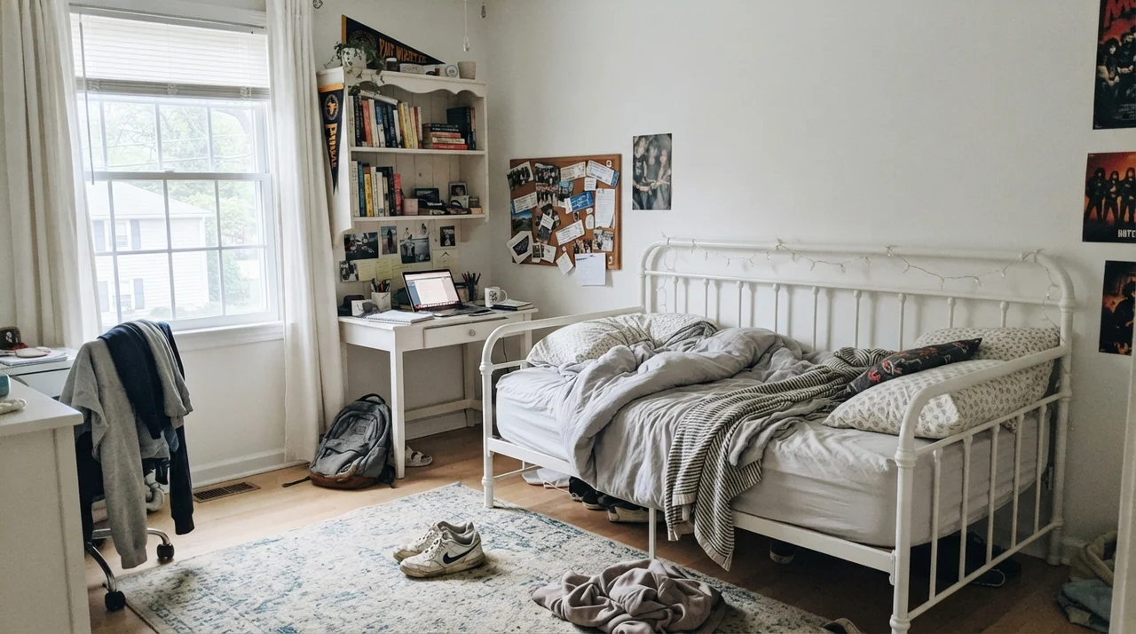 Teen bedroom with white metal bed and painted walls.