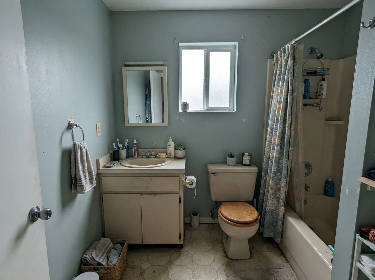 Dated bathroom on a rainy day showing Quietude walls picking up a cool cast next to a beige vanity.
