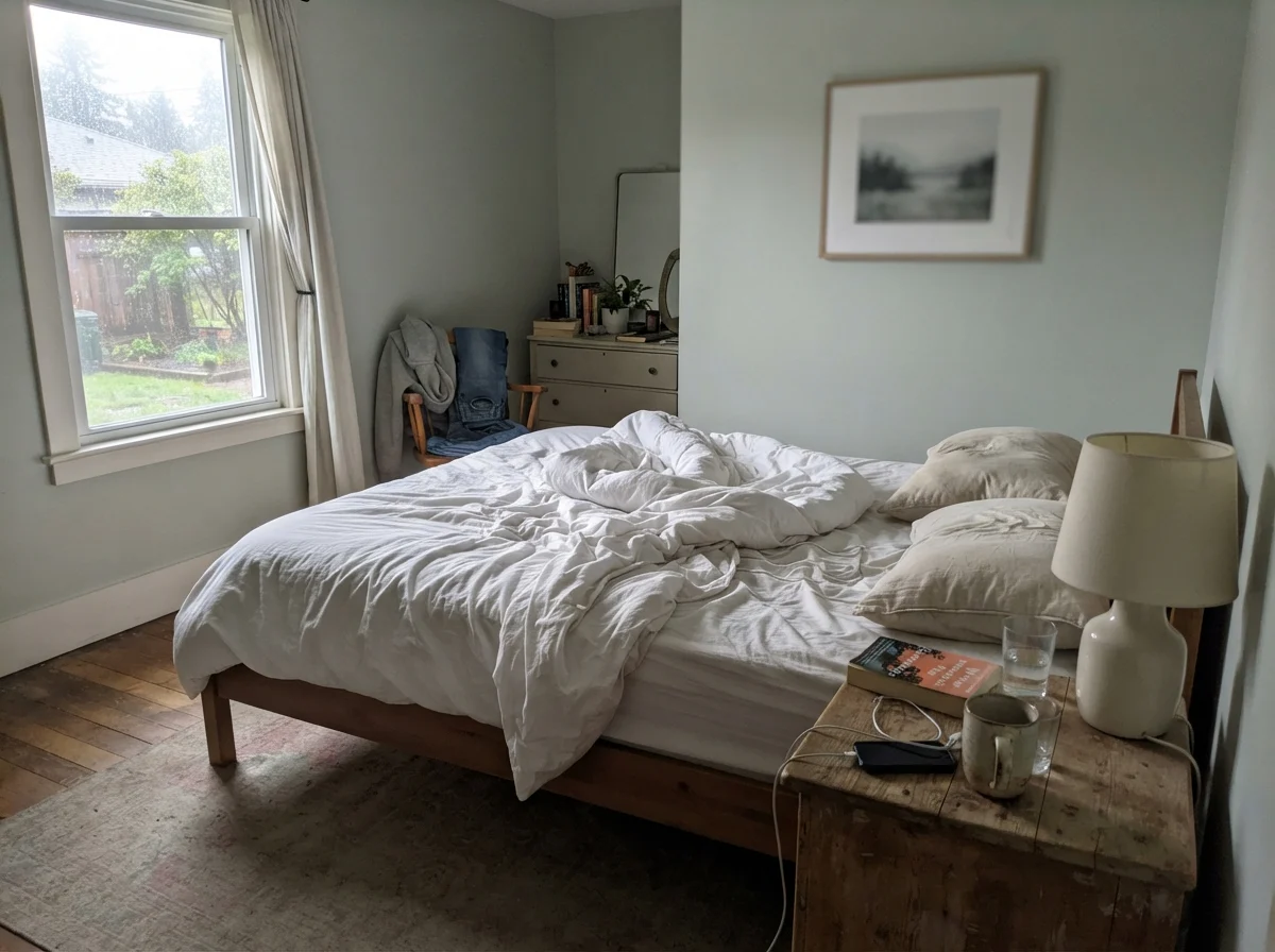 Simple bedroom with unmade white bedding and painted Quietude walls looking cool and pale in morning light.