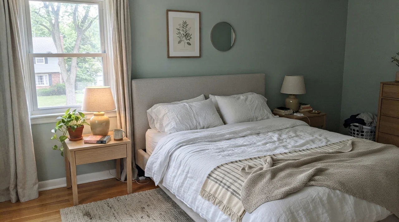 Main bedroom with Quietude walls, pale oak nightstands, white linen bedding, and soft natural light.