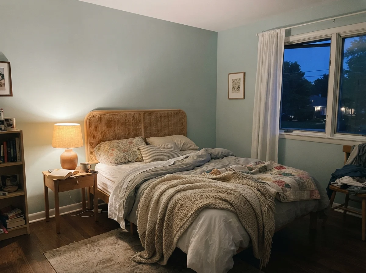Bedroom at dusk with a warm table lamp casting glow on Quietude walls behind a rattan headboard.