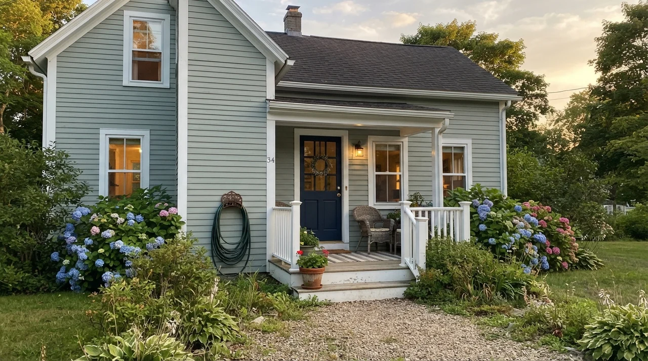 House exterior with horizontal siding painted Quietude, white trim, dark navy front door, and hydrangeas.