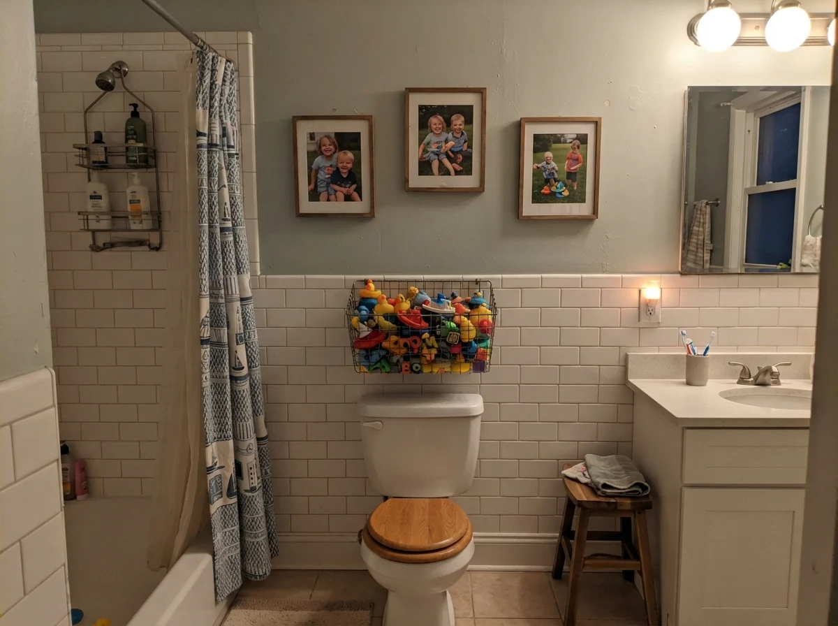Kids' bathroom with Quietude walls above white tile, bath toys in a basket, and family photos.