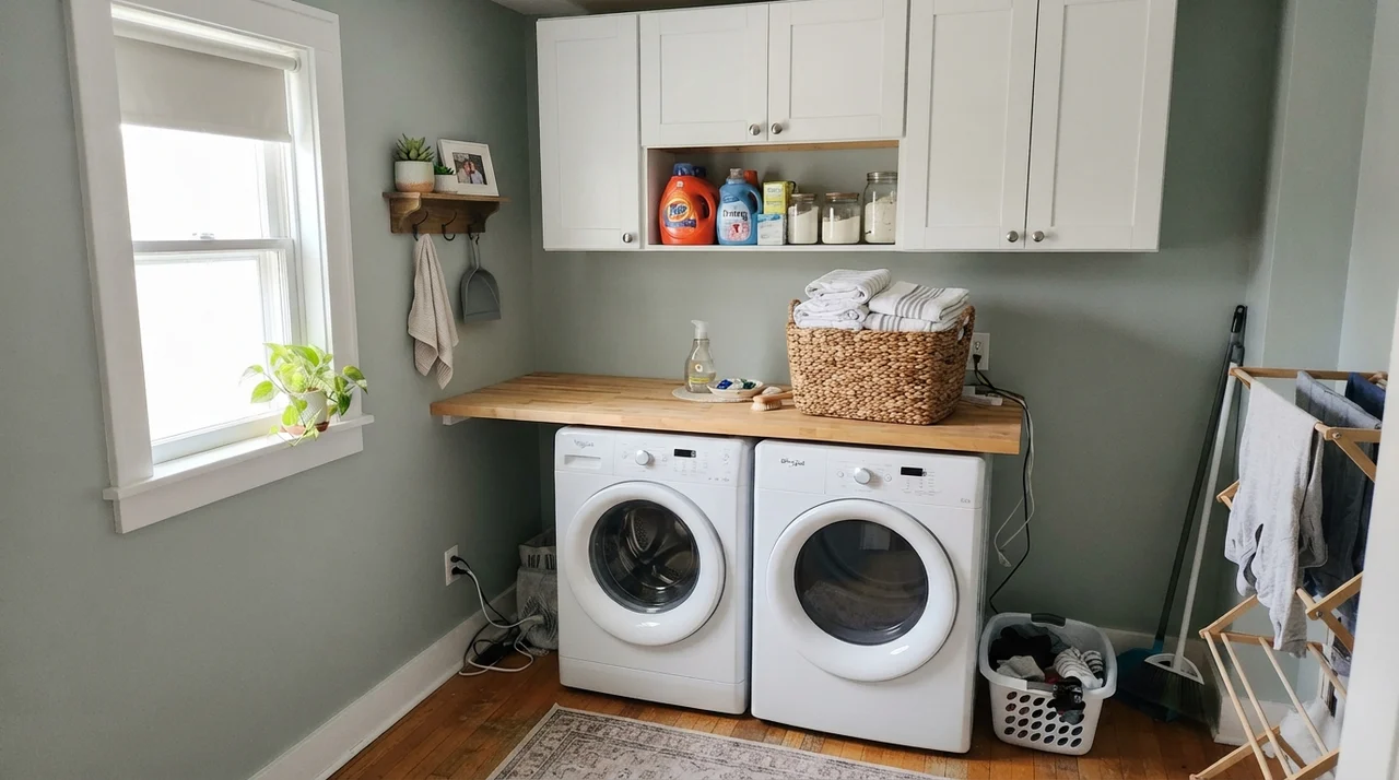 Bright laundry room with Quietude walls, white cabinetry, and butcher-block counter over laundry machines.