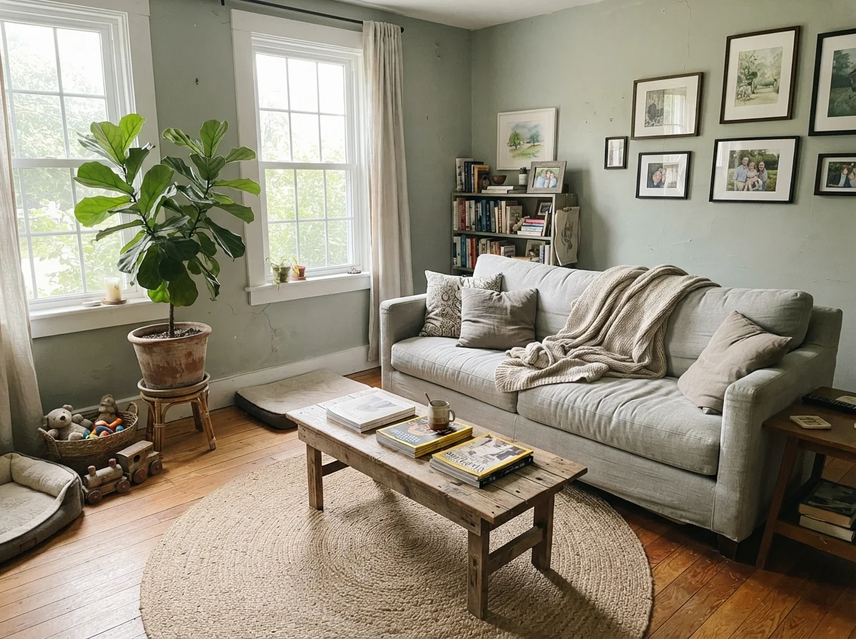 Sunlit living room with Quietude walls, linen sofa, wooden coffee table, and jute rug.