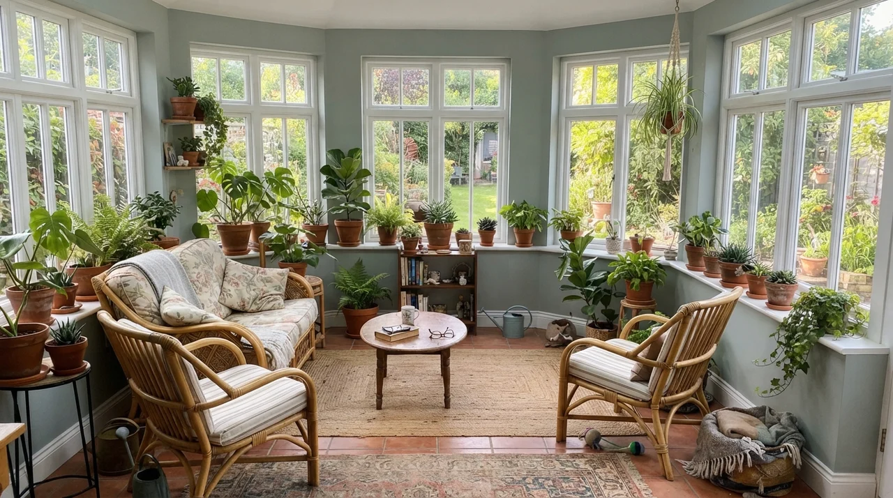 Bright sunroom with Quietude painted walls between white windows, rattan chairs, and potted plants.