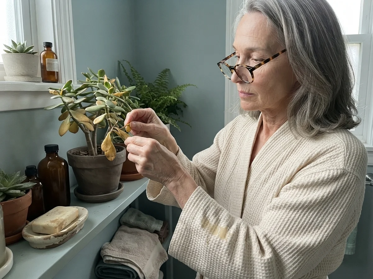 Susan plucking a dry leaf from a jade plant in a Quietude-painted bathroom wearing reading glasses and a waffle robe.