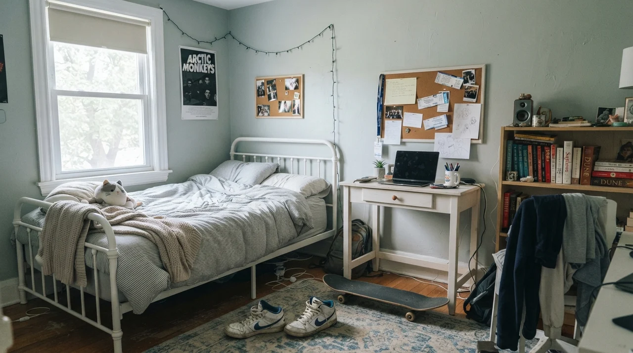Teenager's bedroom with painted Quietude walls, white desk, corkboard, open shelves, and sneakers on the rug.