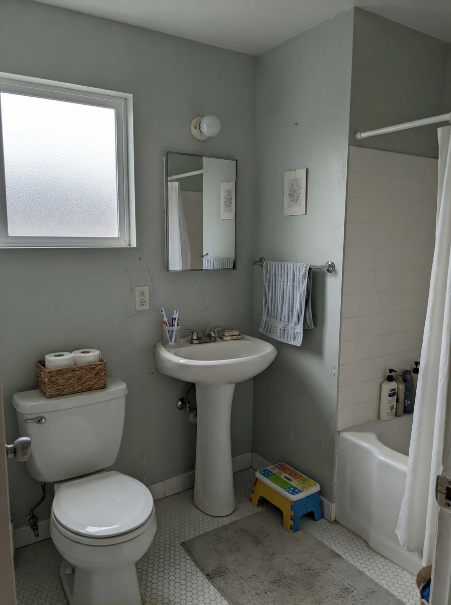 Small bathroom on an overcast day with muted Rainwashed painted walls.