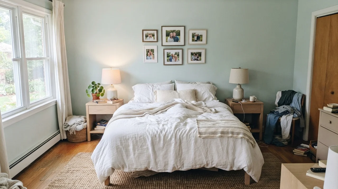 Serene main bedroom with white linen bedding, pale oak furniture, and Rainwashed painted walls.