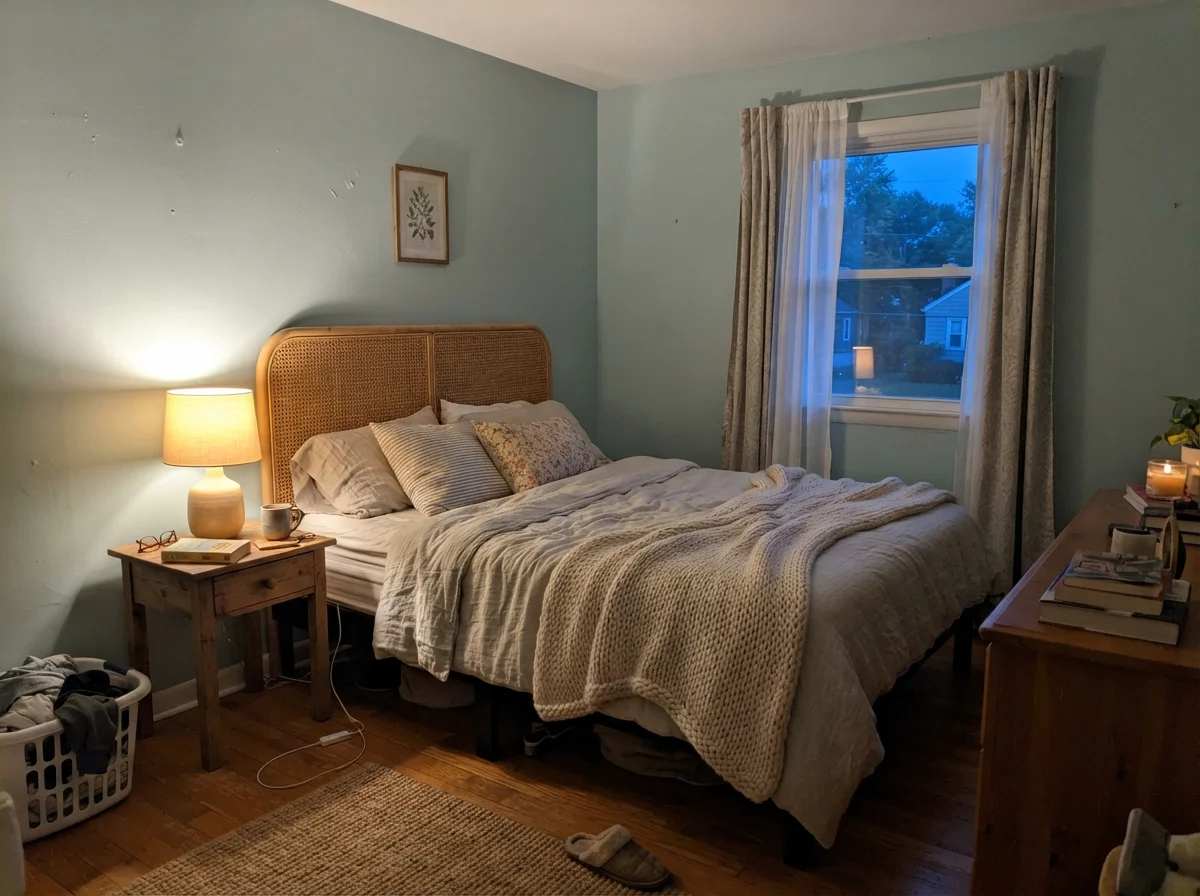 Bedroom at dusk with warm lamp glowing against Rainwashed painted walls.