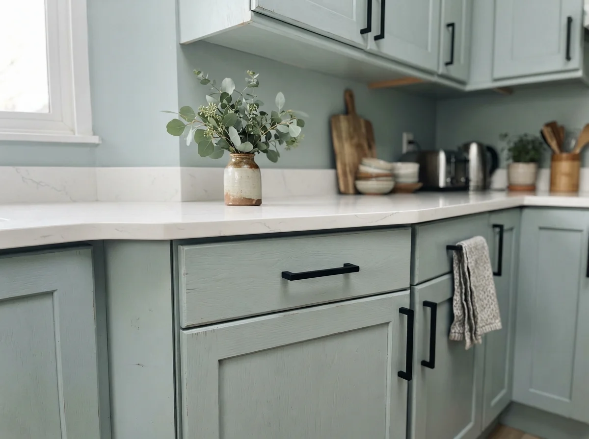Close-up of Rainwashed shaker cabinet doors with matte black handles and white quartz counter.