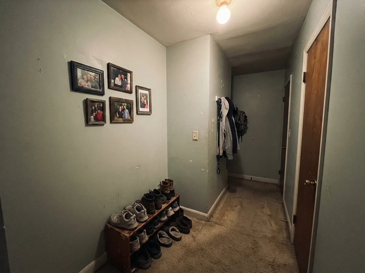 Dim windowless hallway corner showing Rainwashed reading muddy and dull over beige carpet.