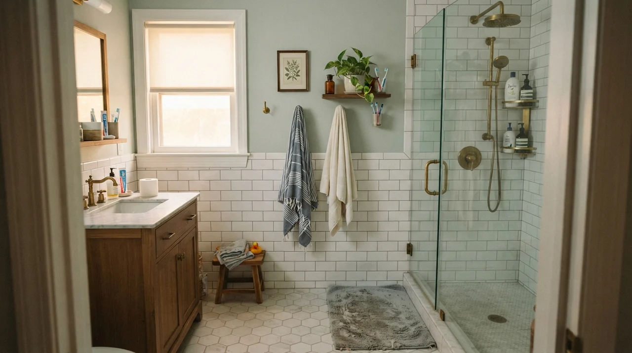 Family bathroom with upper walls painted Sherwin-Williams Rainwashed above white subway tile wainscot with brass shower fixtures.