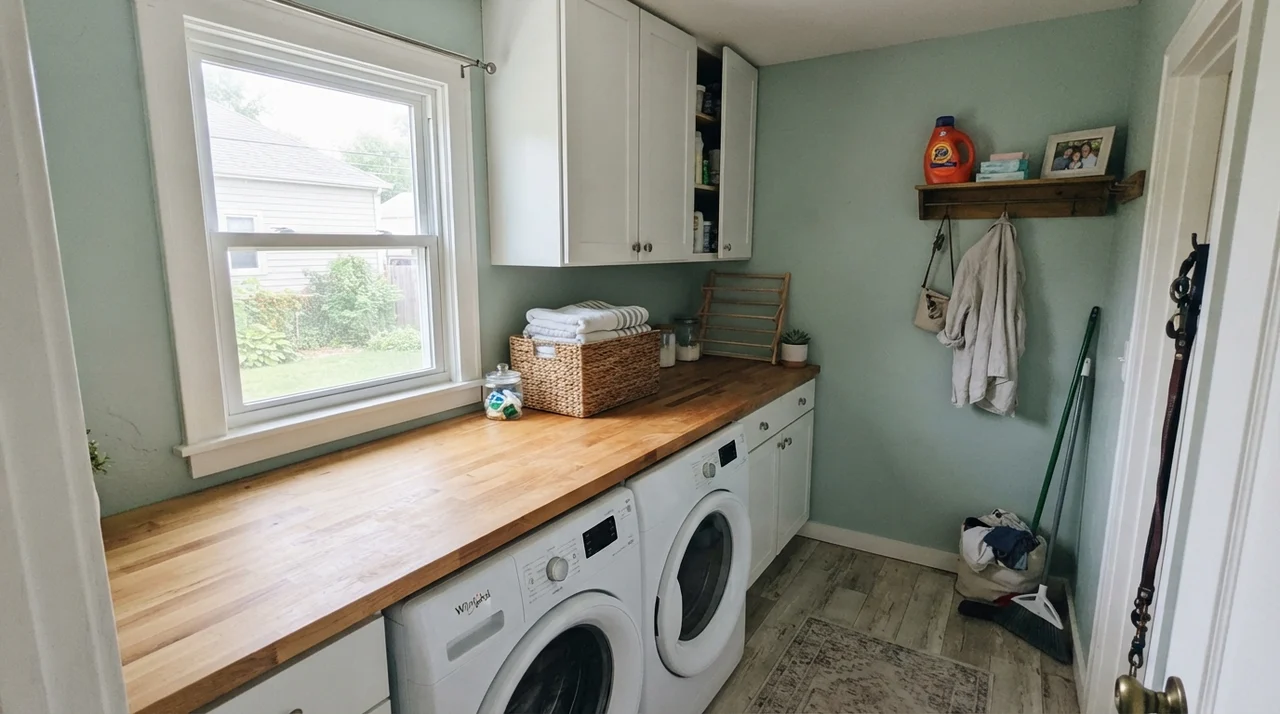 Small bright laundry room with Rainwashed walls, butcher block counter over white washer dryer, and white cabinets.