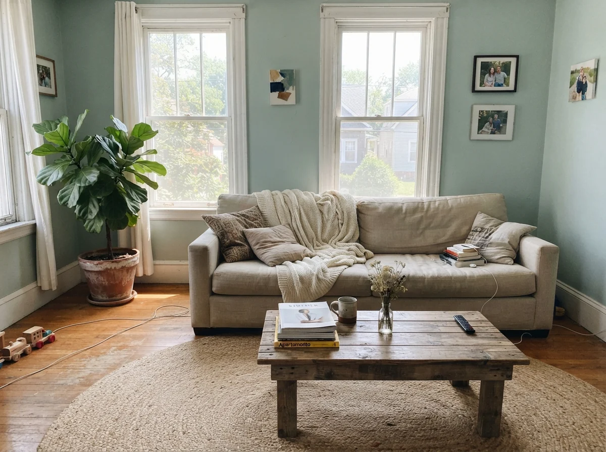 Living room filled with midday sun, linen couch, jute rug, and Rainwashed walls.