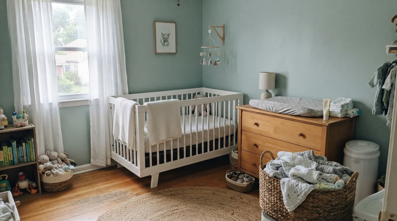 Nursery with white crib, light wood changing table, and soft Rainwashed walls.