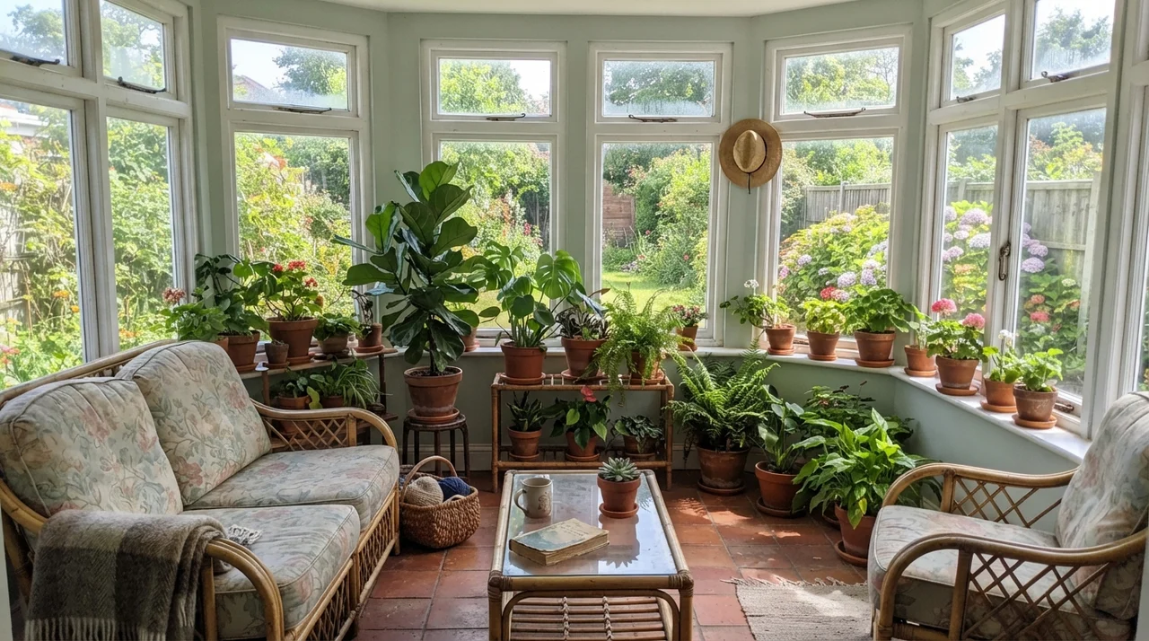 Sunroom with multi-pane white windows, rattan furniture, plants, and Rainwashed walls.