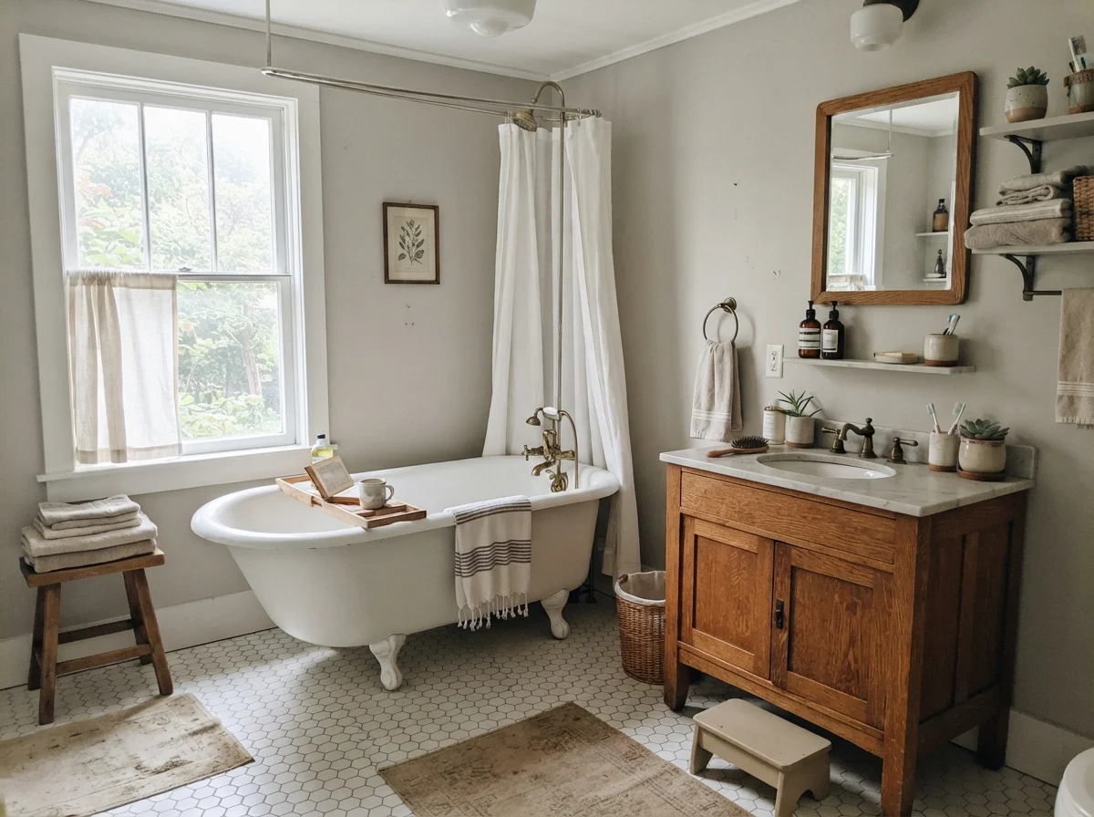 Cottage bathroom with white clawfoot tub and warm oak vanity beside painted walls.