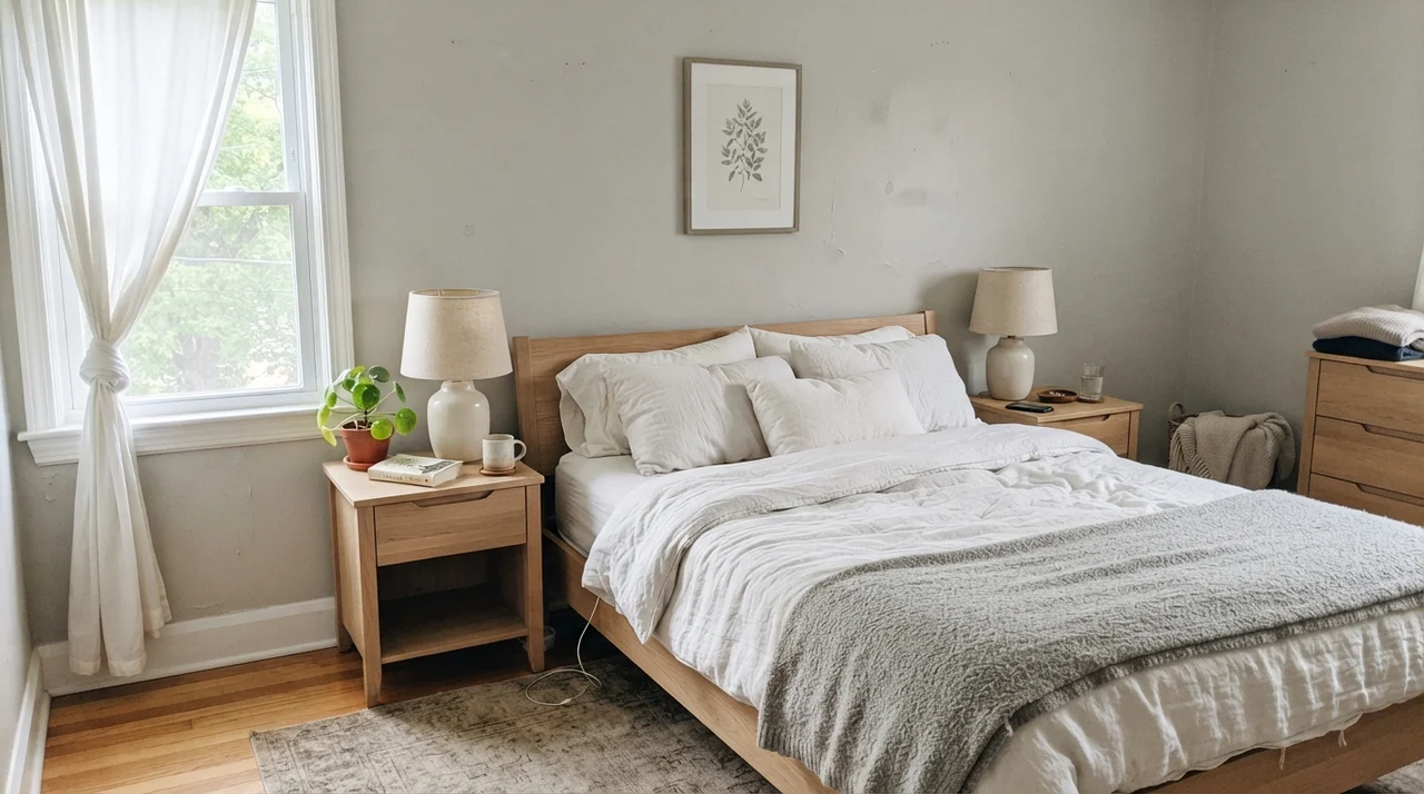 Main bedroom with painted walls, white linen bedding, and pale oak nightstands.