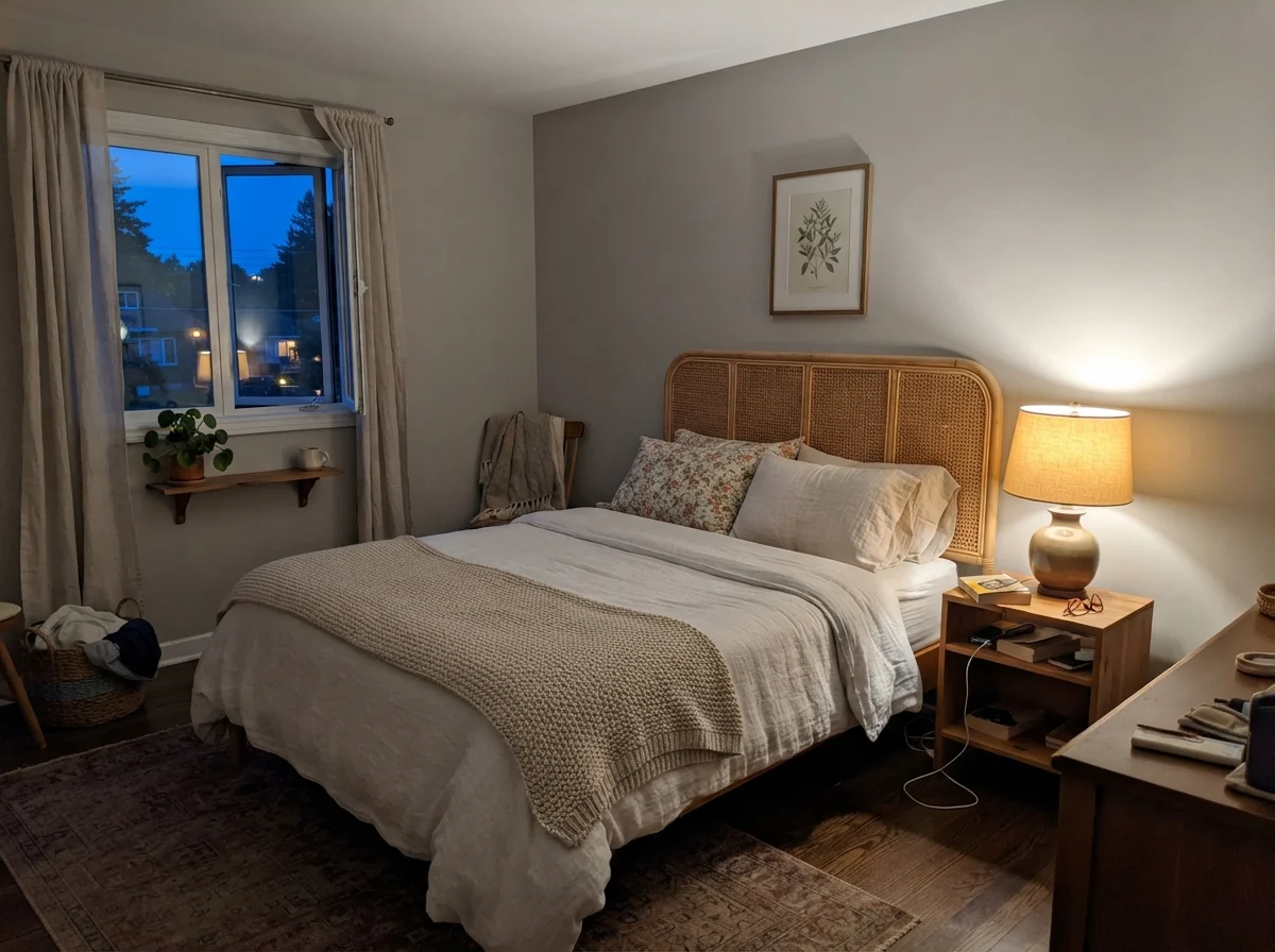 Bedroom at evening with warm lamp glow on painted walls.
