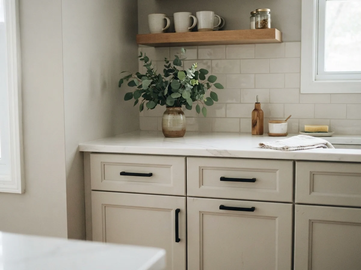 Close-up of painted cabinet doors with matte black handles and white quartz counter.