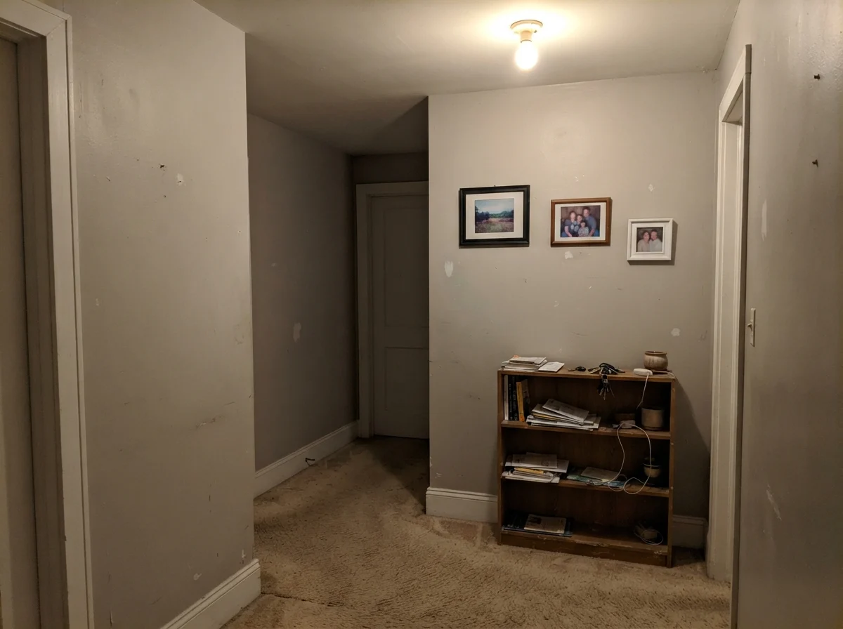 Dim windowless hallway corner showing painted walls looking flat and muddy.