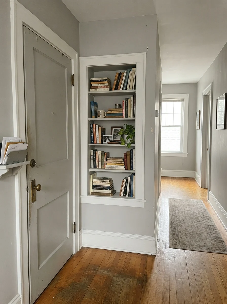 Hallway with painted interior door and built-in bookshelf against wood floors.