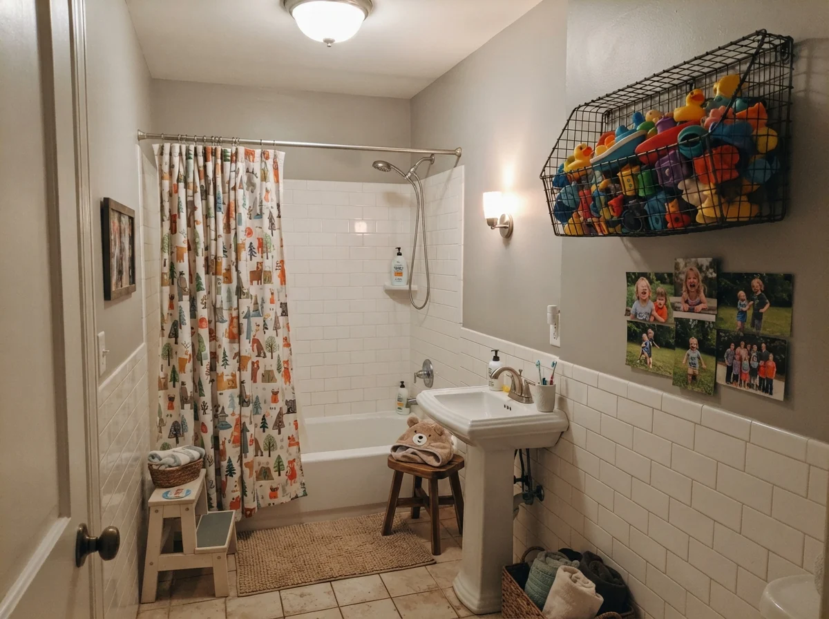 Kids' bathroom with painted walls over white subway tile and basket of bath toys.