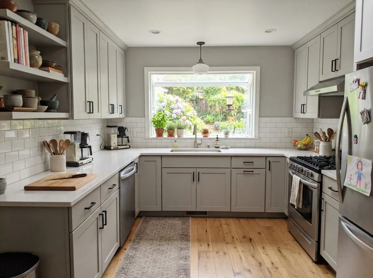 Full kitchen with shaker cabinets painted greige, white subway backsplash, and light oak floor.