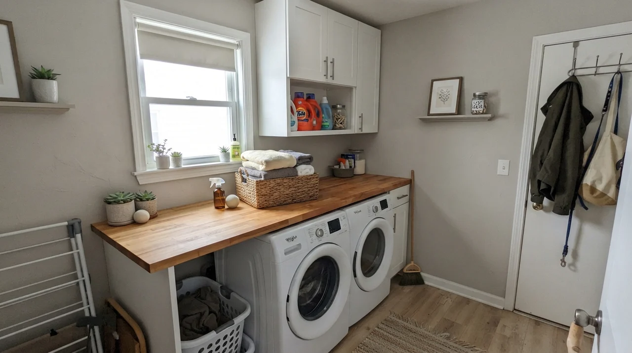 Bright laundry room with painted walls, white cabinets, and butcher-block counter.