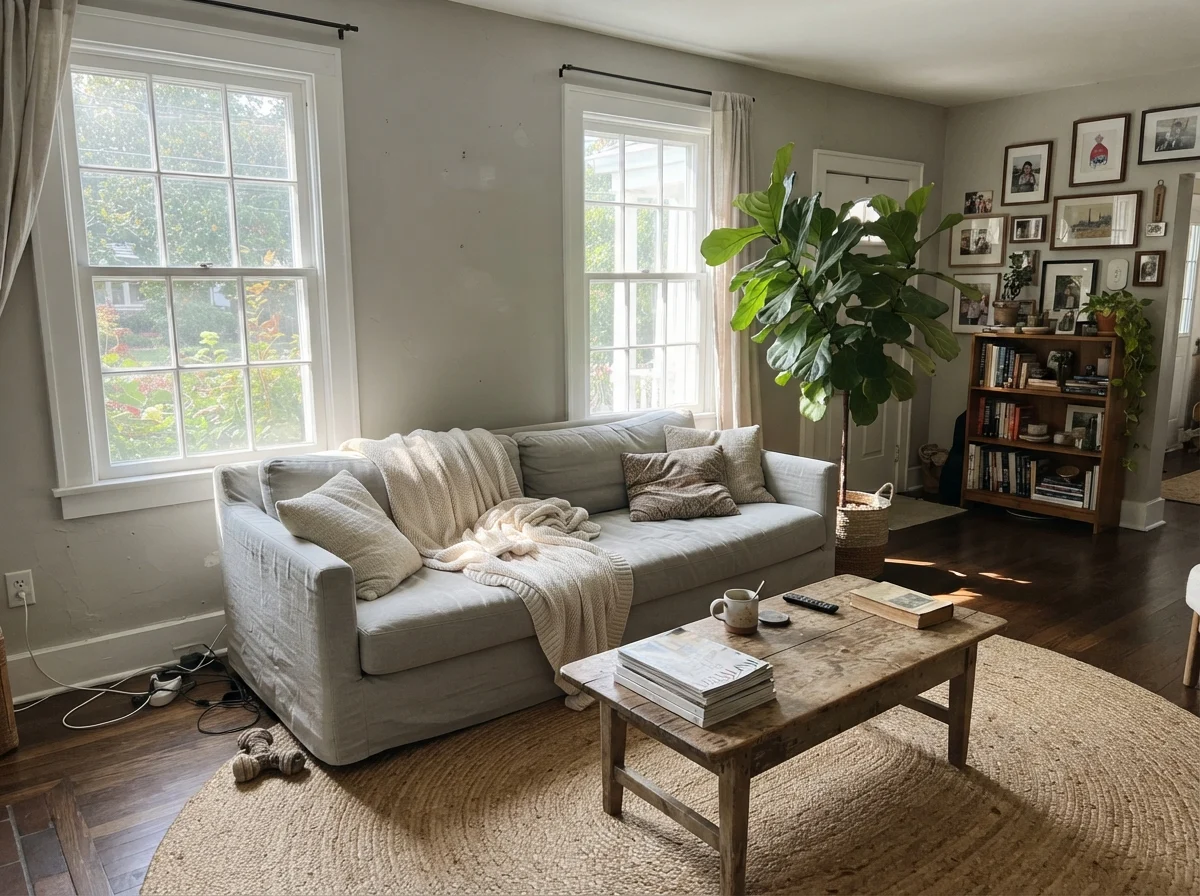 Bright living room with painted walls, linen sofa, wood coffee table, and jute rug.