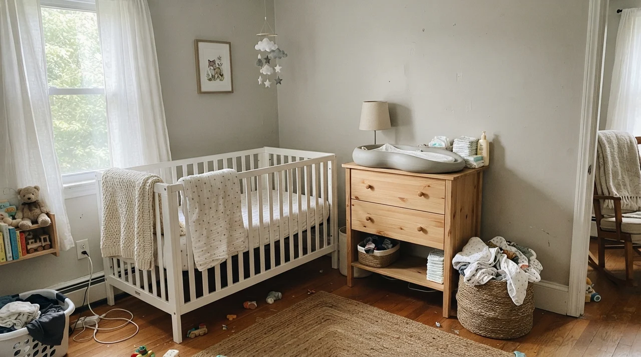 Nursery with painted walls, white crib, and light wood dresser.