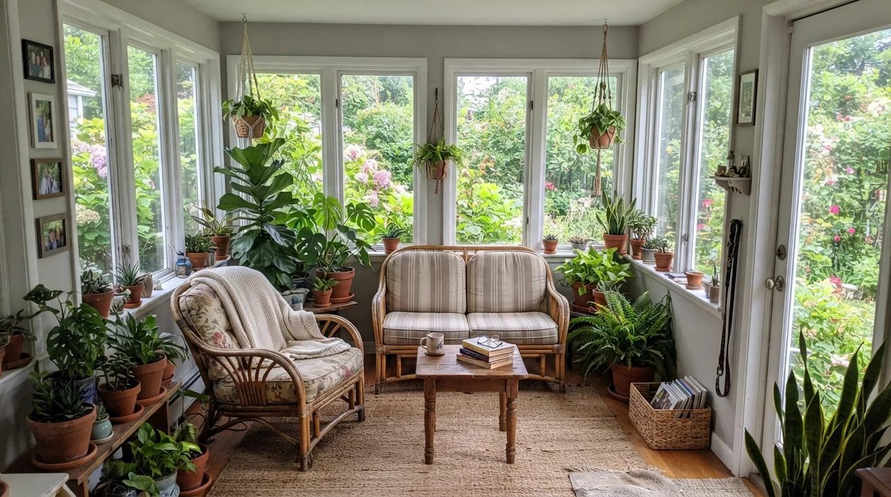 Sunroom with painted walls framed by white windows, filled with plants and rattan furniture.