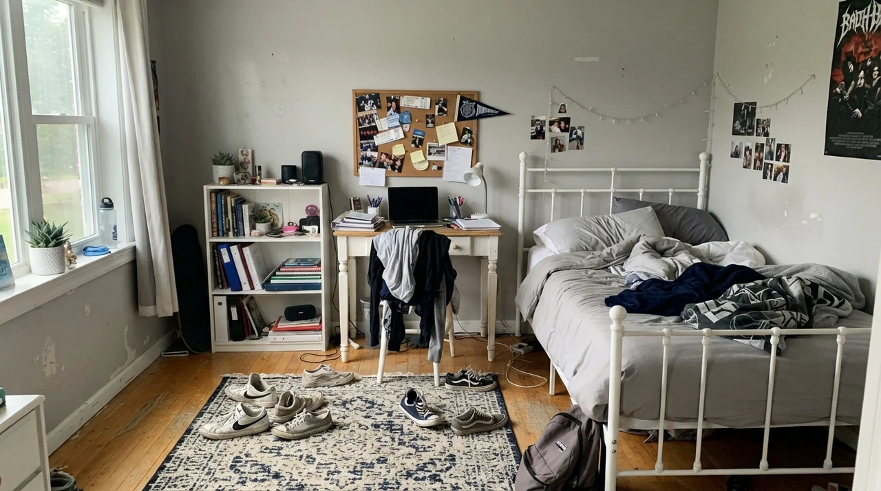 Teen bedroom with painted walls, white metal bed, and small desk.