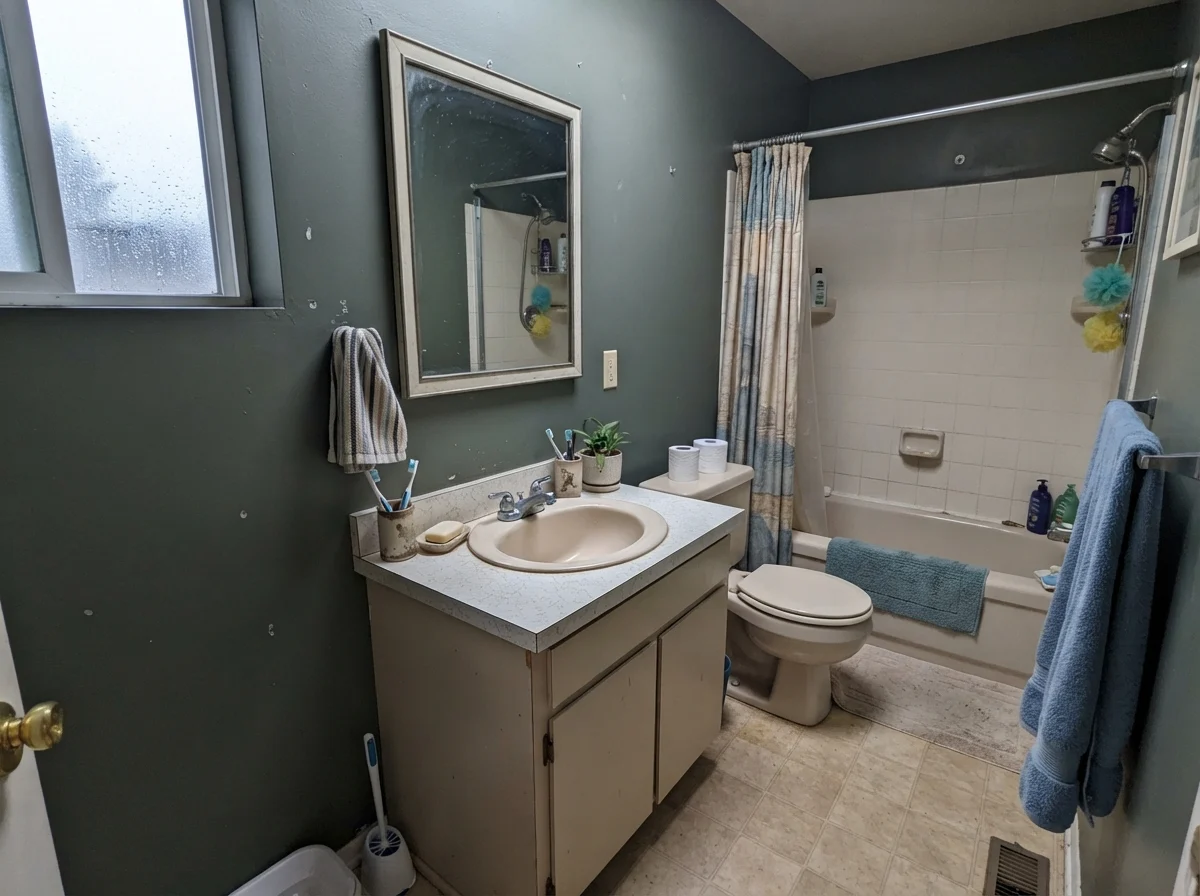 Modest bathroom with painted walls showing a cool cast in north light, older beige vanity, and small window.