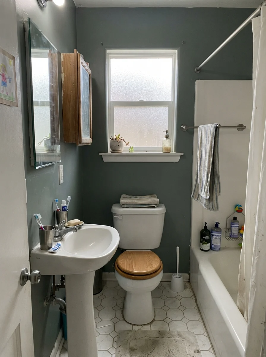Small bathroom with painted walls looking muted in overcast light through a frosted window, with white fixtures.