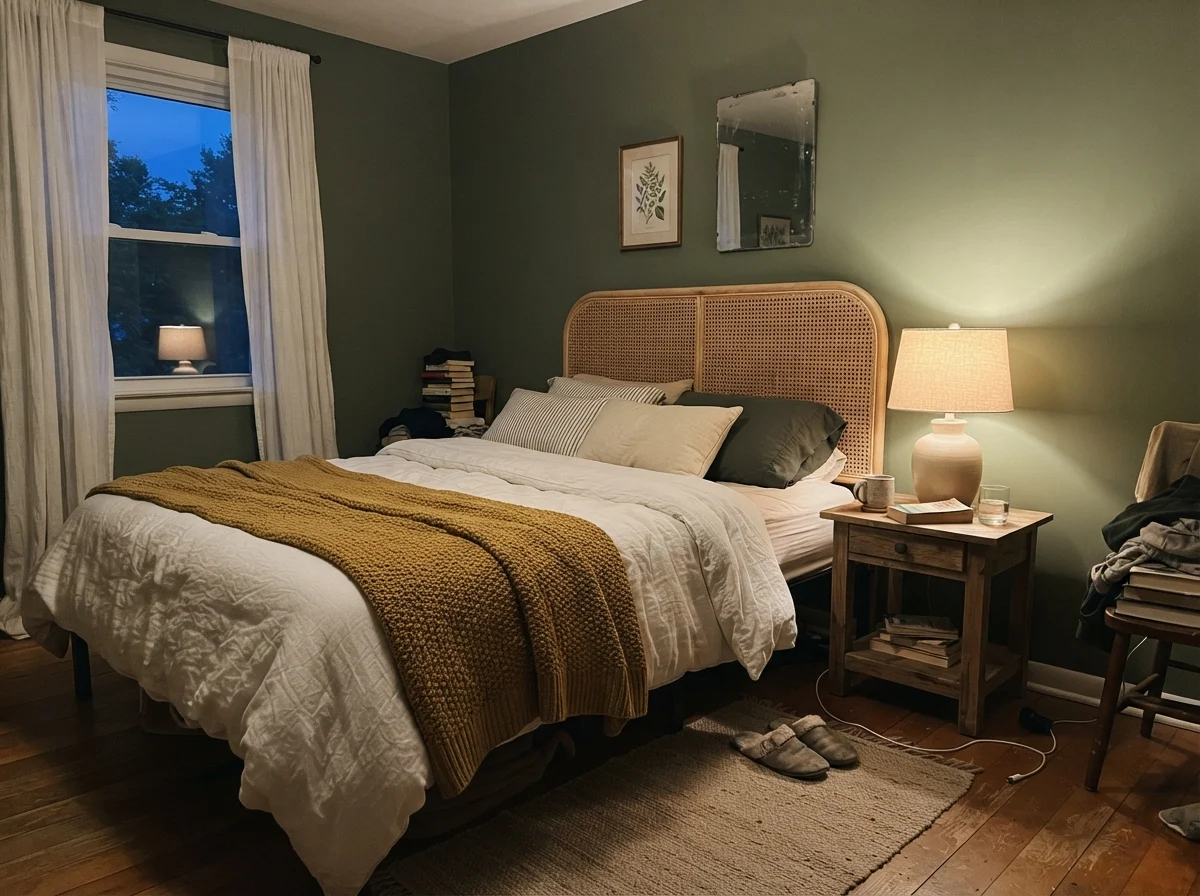 Simple bedroom at dusk with warm table lamp on, rattan headboard, cozy blanket, and painted green wall.