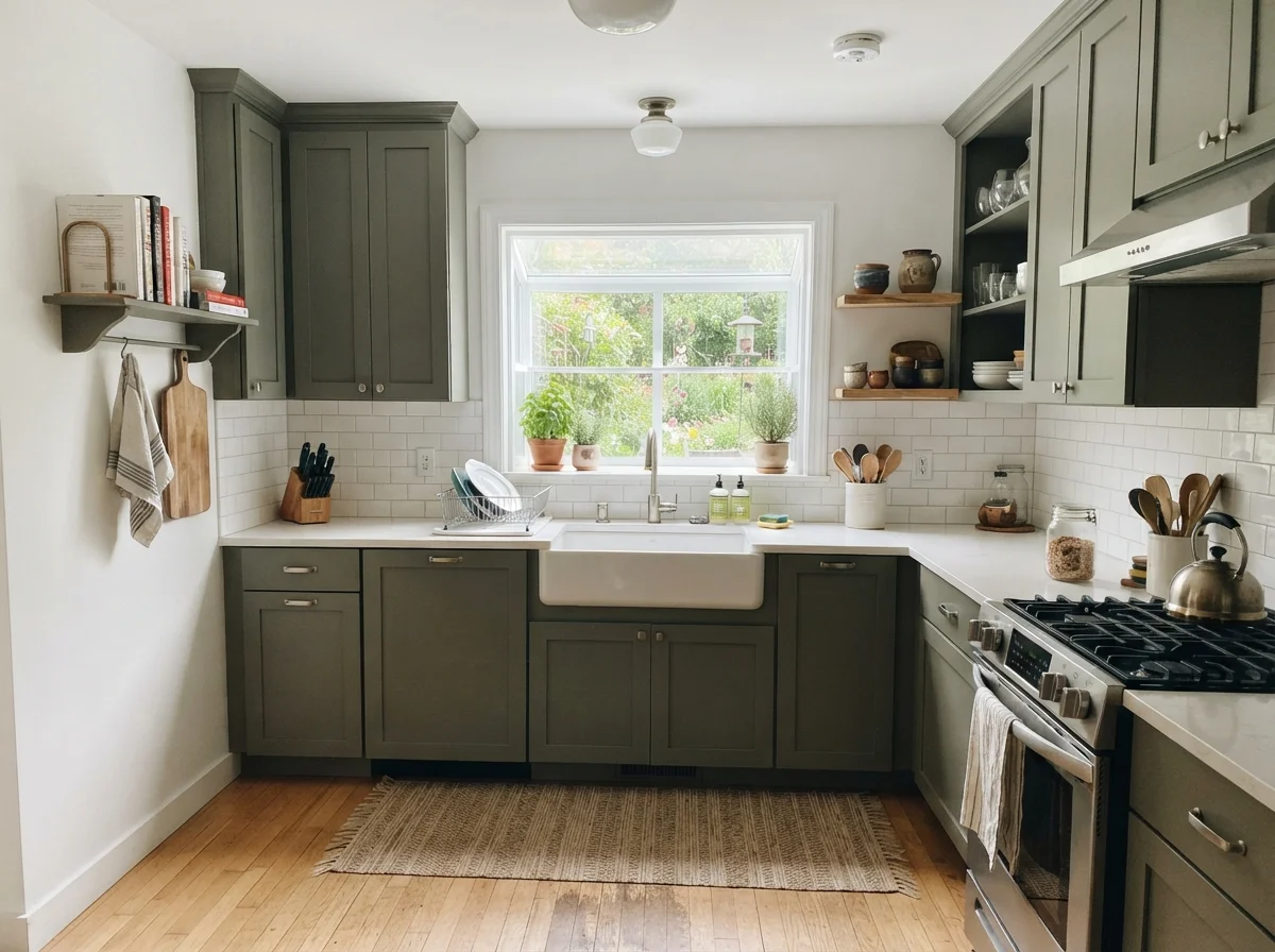 Kitchen with upper and lower shaker cabinets painted dark green, white subway backsplash, and light oak floor.