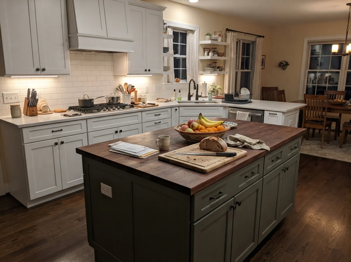 Family kitchen with painted green island, surrounding white cabinets, cream walls, and everyday clutter under warm lights.