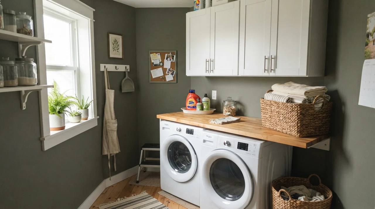 Bright laundry room with painted walls, white cabinets, butcher-block counter over washer and dryer, and towel basket.