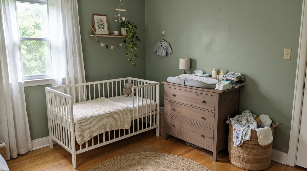 Nursery with painted walls, white crib, light-wood dresser changing table, and woven basket.