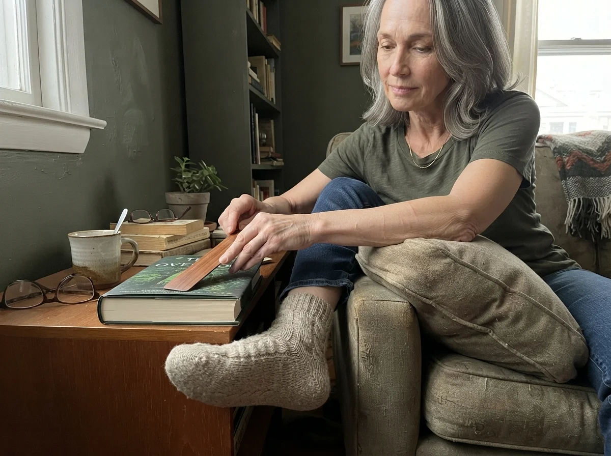 Susan sliding a wooden bookmark into a book on a credenza in a study with walls painted in Sherwin-Williams Rosemary.