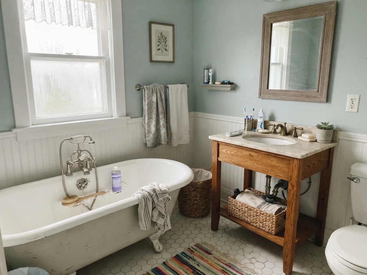 Cottage bathroom with white clawfoot tub, hex tile floor, and oak vanity against painted walls.