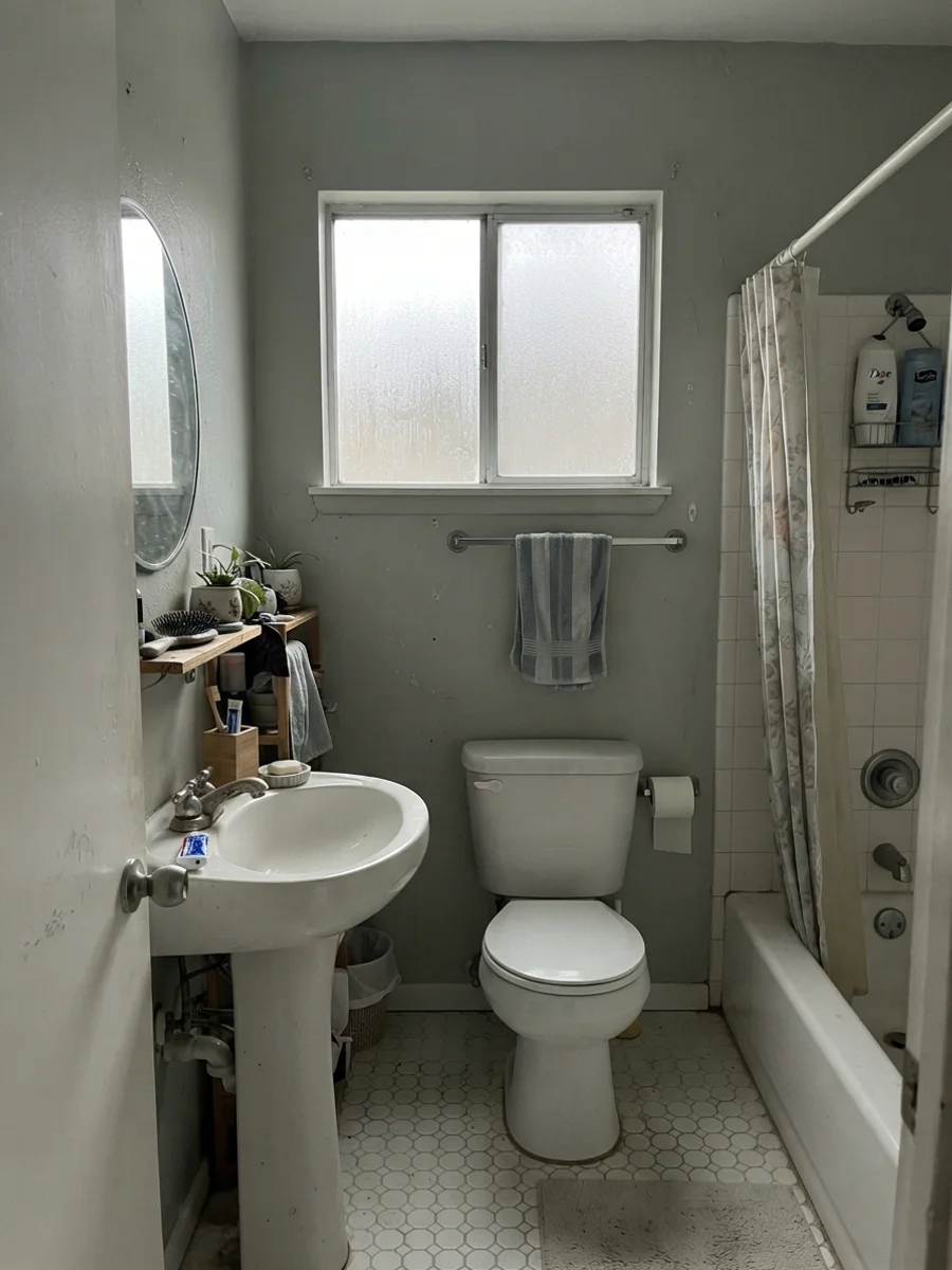 Small bathroom with painted walls showing gray undertones in overcast daylight.