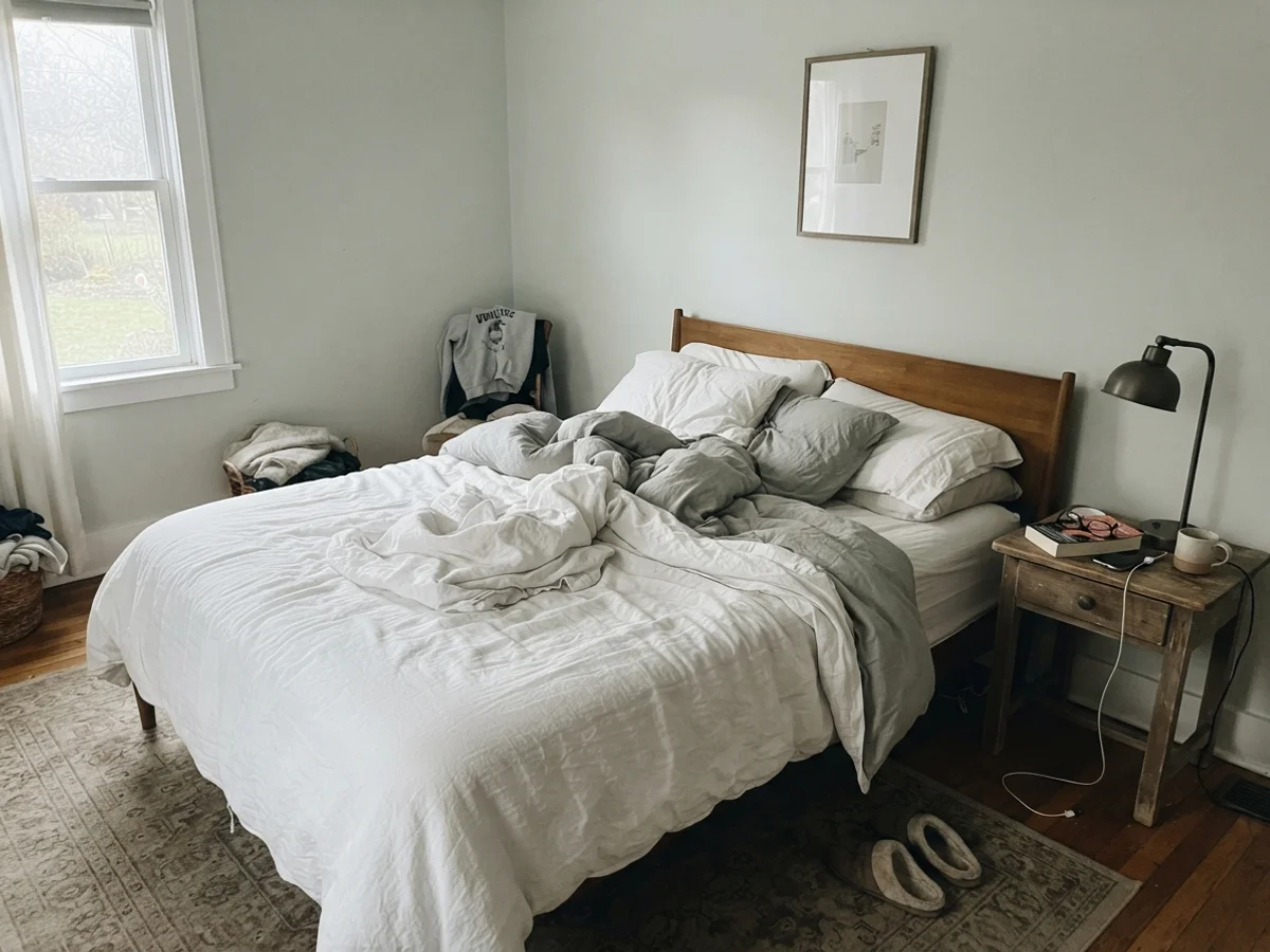 Bedroom with painted walls in cool morning daylight and unmade white bedding.