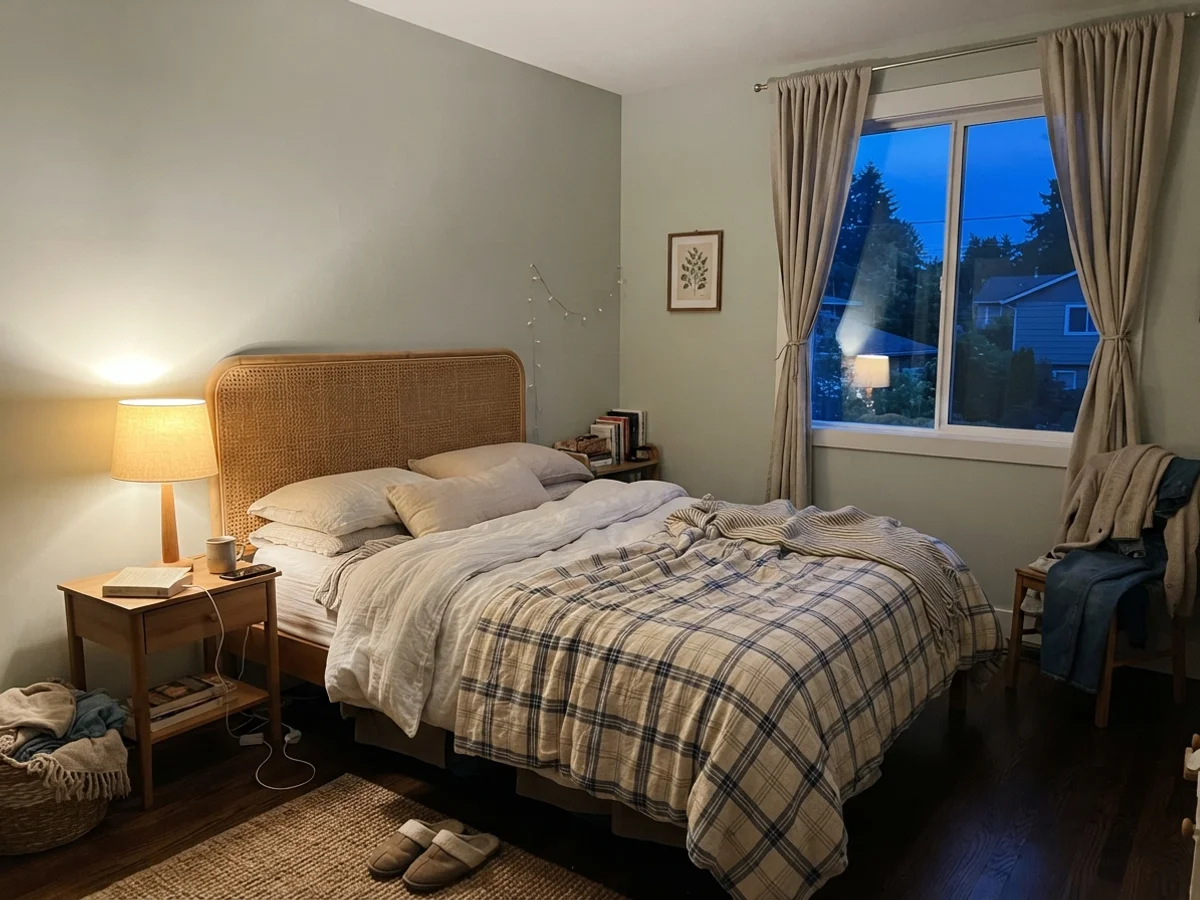 Cozy bedroom at dusk with warm lamp glow against painted walls and cane headboard.