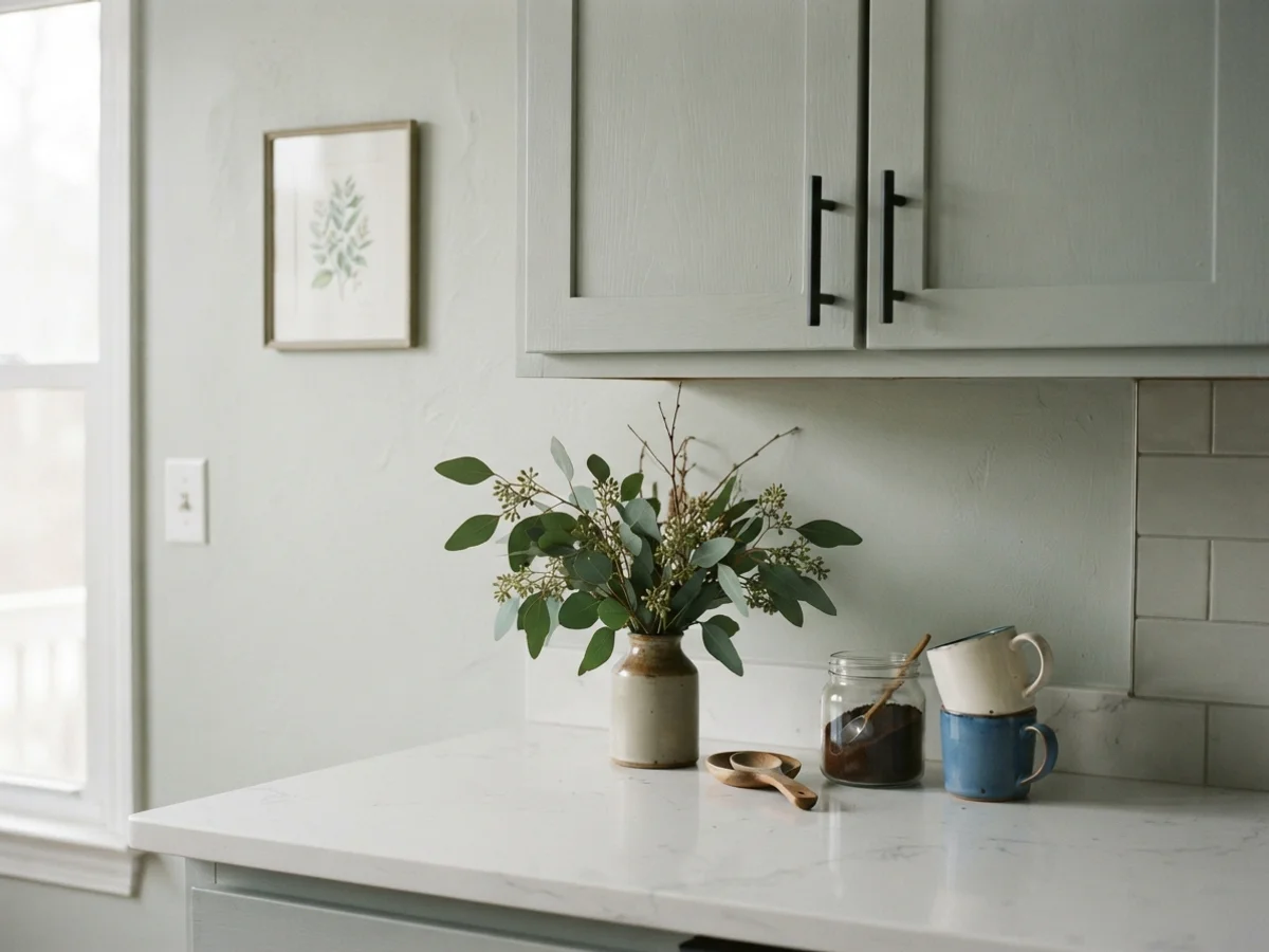 Close-up of painted shaker cabinet doors with matte black hardware.