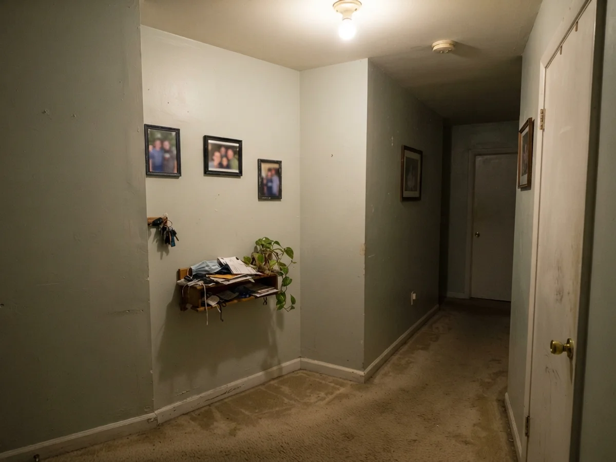 Dim windowless hallway corner showing paint reading flat and muddy next to beige carpet.